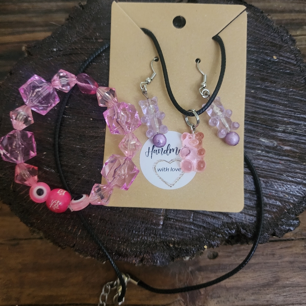 Handmade Gummy Bear Necklace and Earring set with pink evil eye stretch bracelet